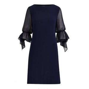 Lauren Ralph Lauren Sheer Sleeve Georgette Shift Dress 16W Navy Blue